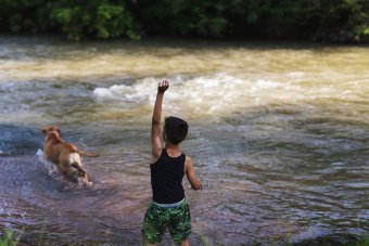 Boy playing with dog in the water”